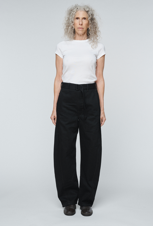 high waisted long black jeans with belt and barrel leg