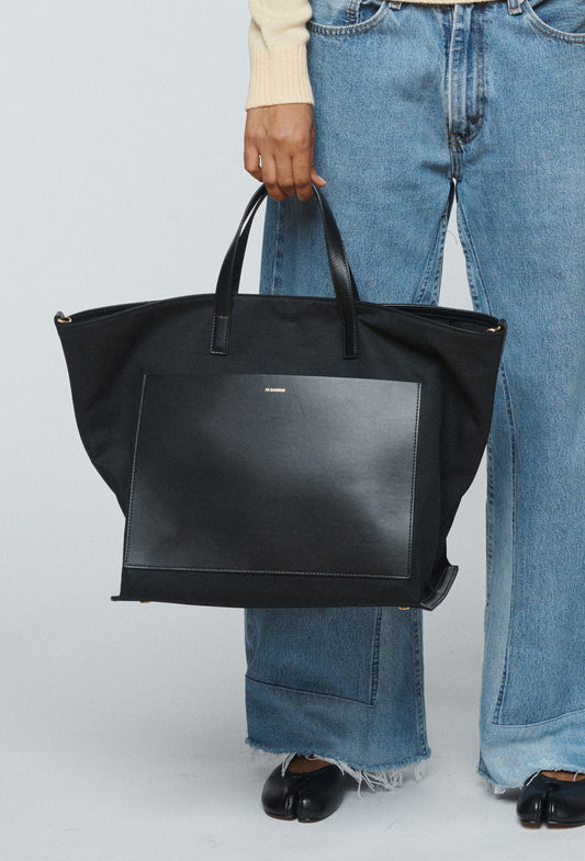 large canvas and leather black tote