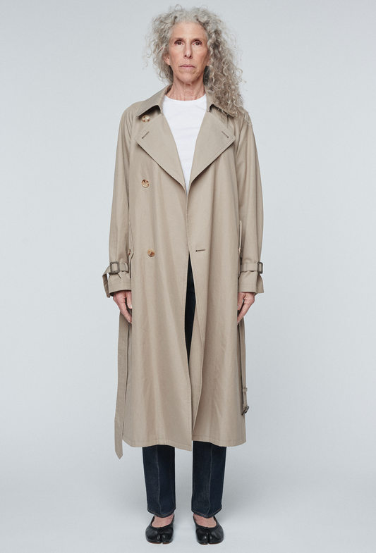 Washed Finx Chambray Trench Coat in Grey Beige