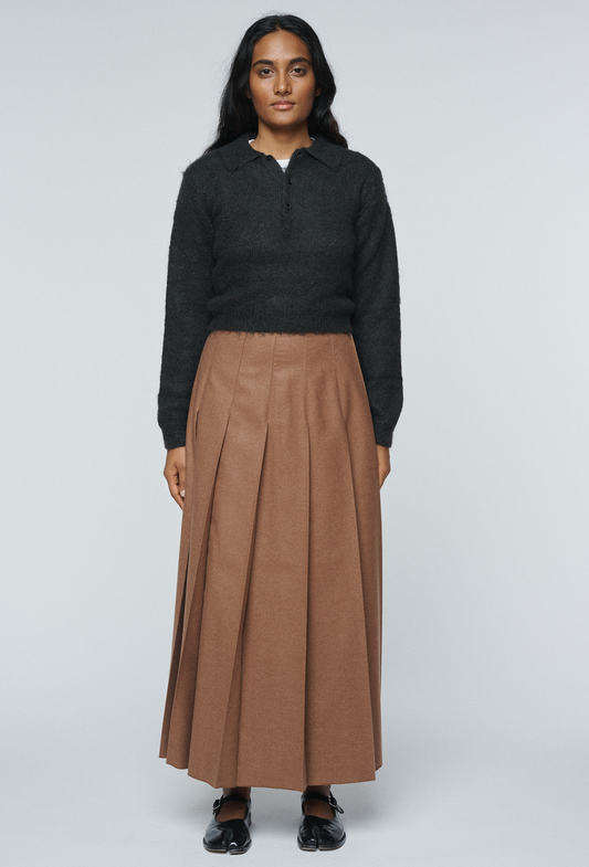 Super Fulling Twill Pleated Skirt in Brown
