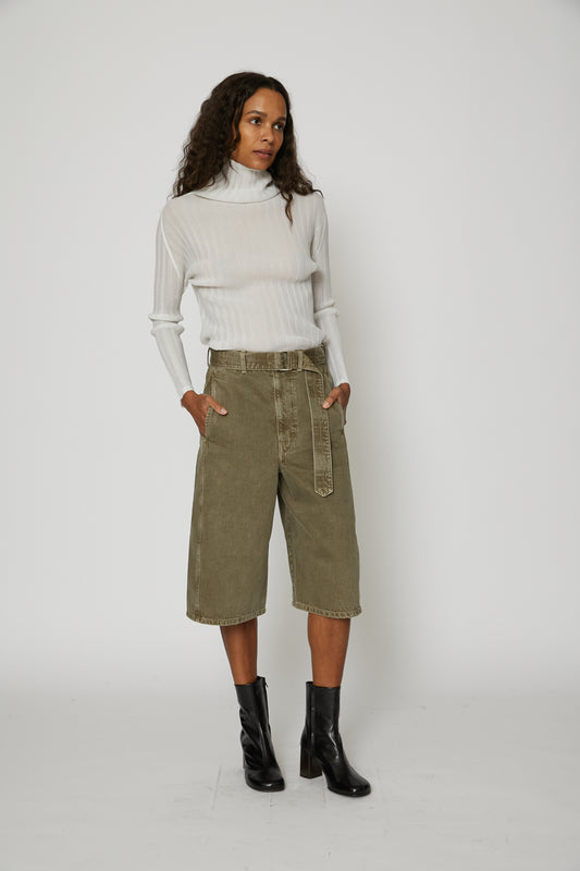 Twisted Belted Bermuda in Denim Snow Olive