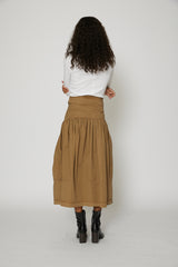 Multi-Topstitch Gathered Skirt in Cub Brown