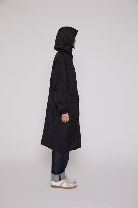 Hard Twist Polyester Satin Laminate Zip Coat in Black