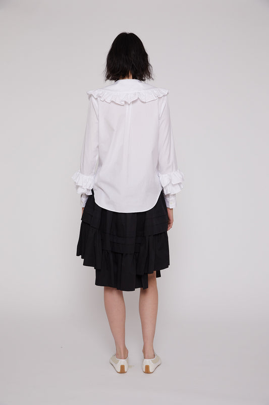 Button Down with Ruffles in White